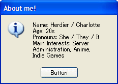 About me section. 23, she/they, and i like servers and anime